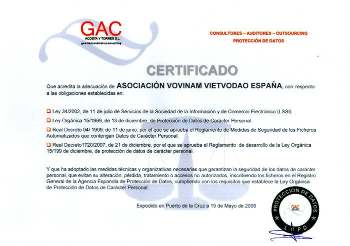 Certificado de Protección de Datos de Vovinam Viet Vo Dao España